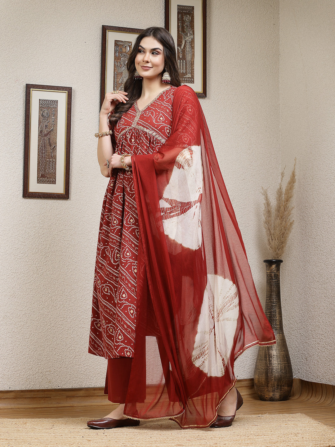 Women's Bandhej Printed Rayon Naira Cut Kurta Palazzo Dupatta Set (KPD