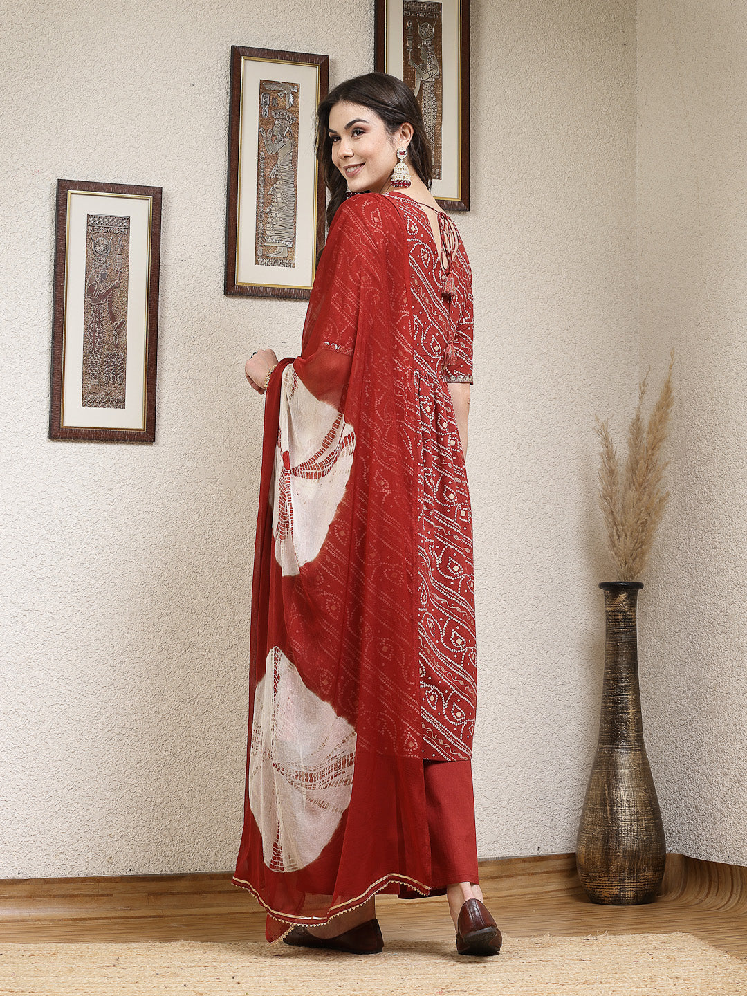Women's Bandhej Printed Rayon Naira Cut Kurta Palazzo Dupatta Set (KPD