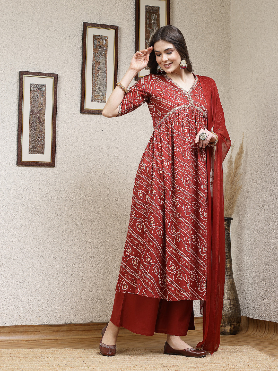 Women's Bandhej Printed Rayon Naira Cut Kurta Palazzo Dupatta Set (KPD