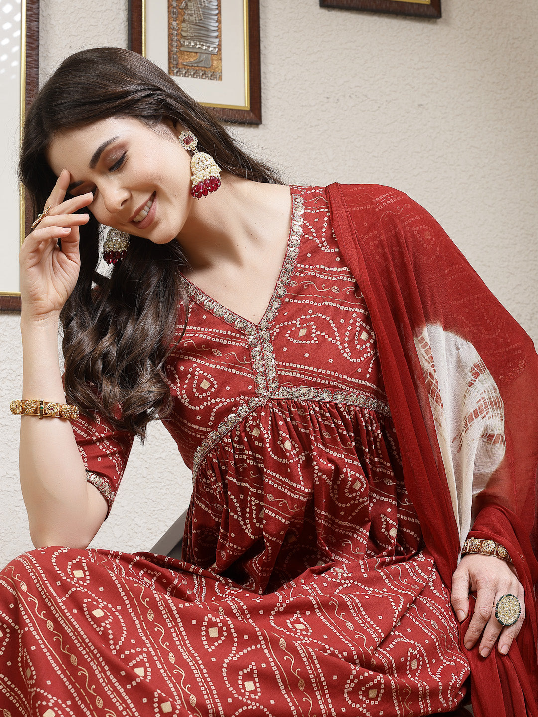 Women's Bandhej Printed Rayon Naira Cut Kurta Palazzo Dupatta Set (KPD