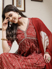 Stylum Women's Bandhej Printed Rayon Naira Cut Kurta Palazzo Dupatta Set (KPDRUSTCHARLI)