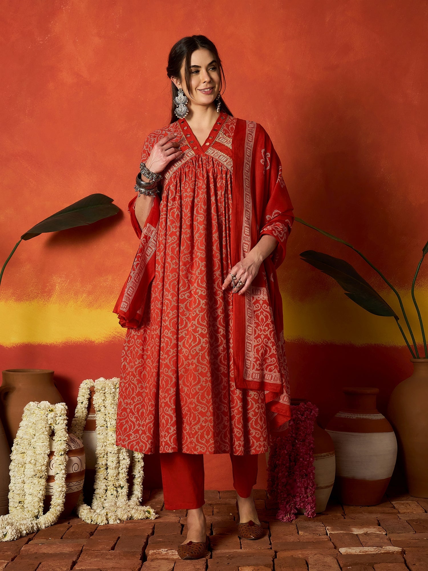 Stylum Women's Rust Printed Cotton Alia Kurta Pant Dupatta Set (KPDRUSTCHIRMI)