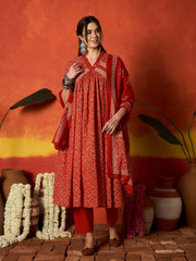 Stylum Women's Rust Printed Cotton Alia Kurta Pant Dupatta Set (KPDRUSTCHIRMI)