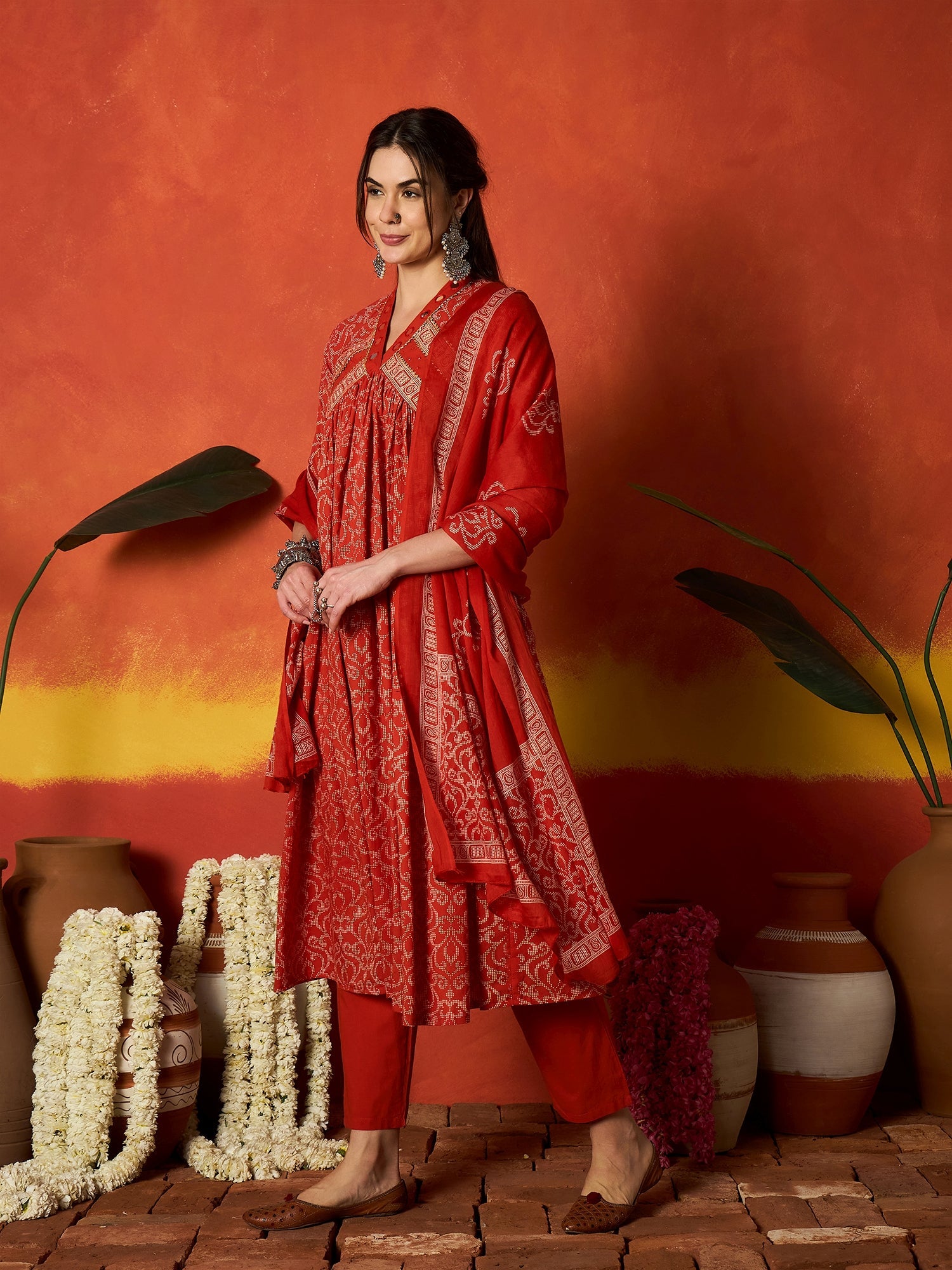 Stylum Women's Rust Printed Cotton Alia Kurta Pant Dupatta Set (KPDRUSTCHIRMI)