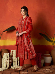 Stylum Women's Rust Printed Cotton Alia Kurta Pant Dupatta Set (KPDRUSTCHIRMI)