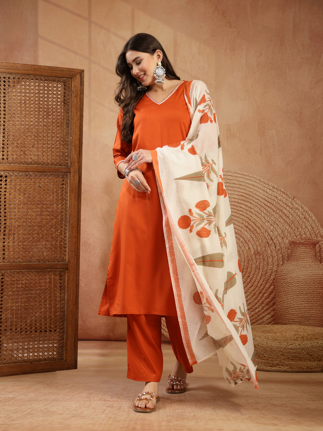 Women's Rust Solid Rayon Straight Kurta Pant Dupatta Set (KPDRUSTGOLIM