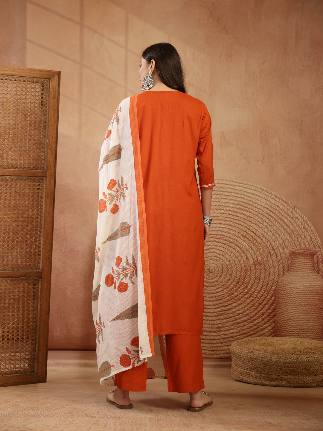 Women's Rust Solid Rayon Straight Kurta Pant Dupatta Set (KPDRUSTGOLIM