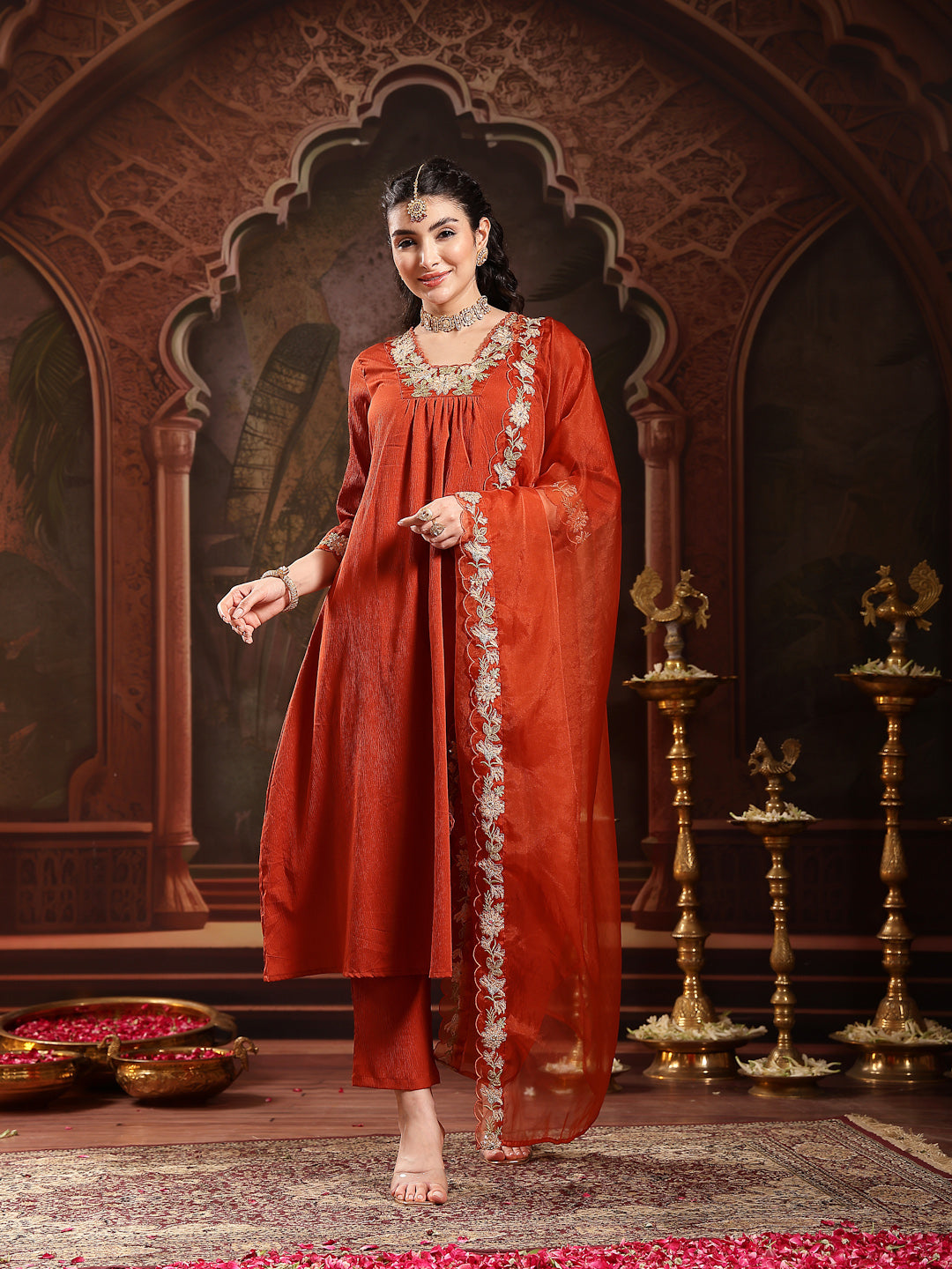 Stylum Women's Rust Solid & Embroidered Crepe A-Line Kurta Pant Dupatta Set (KPDRUSTJAMA)