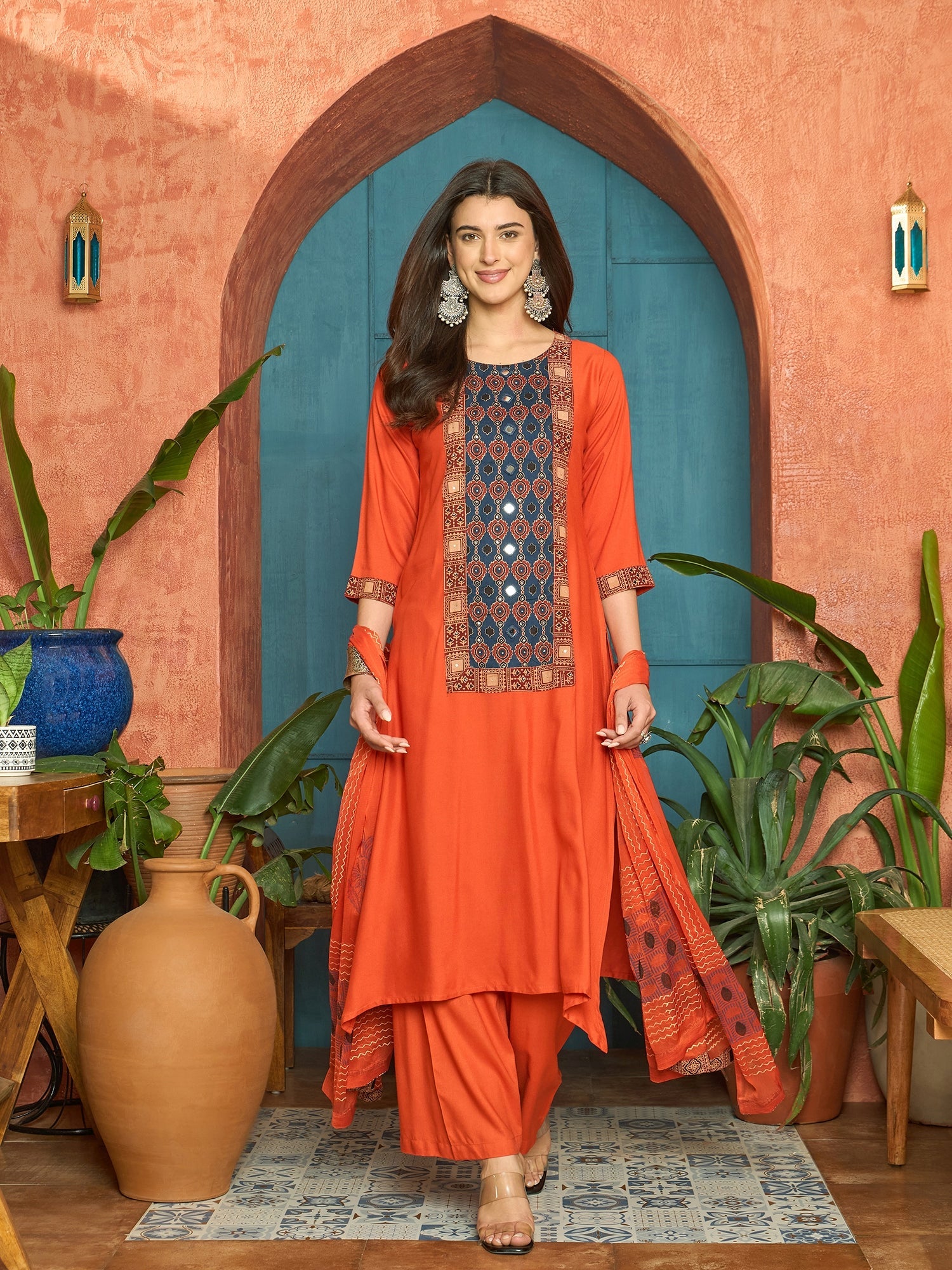 Women's Rust Solid Rayon A-Line Kurta Palazzo Dupatta Set (KPDRUSTKORA