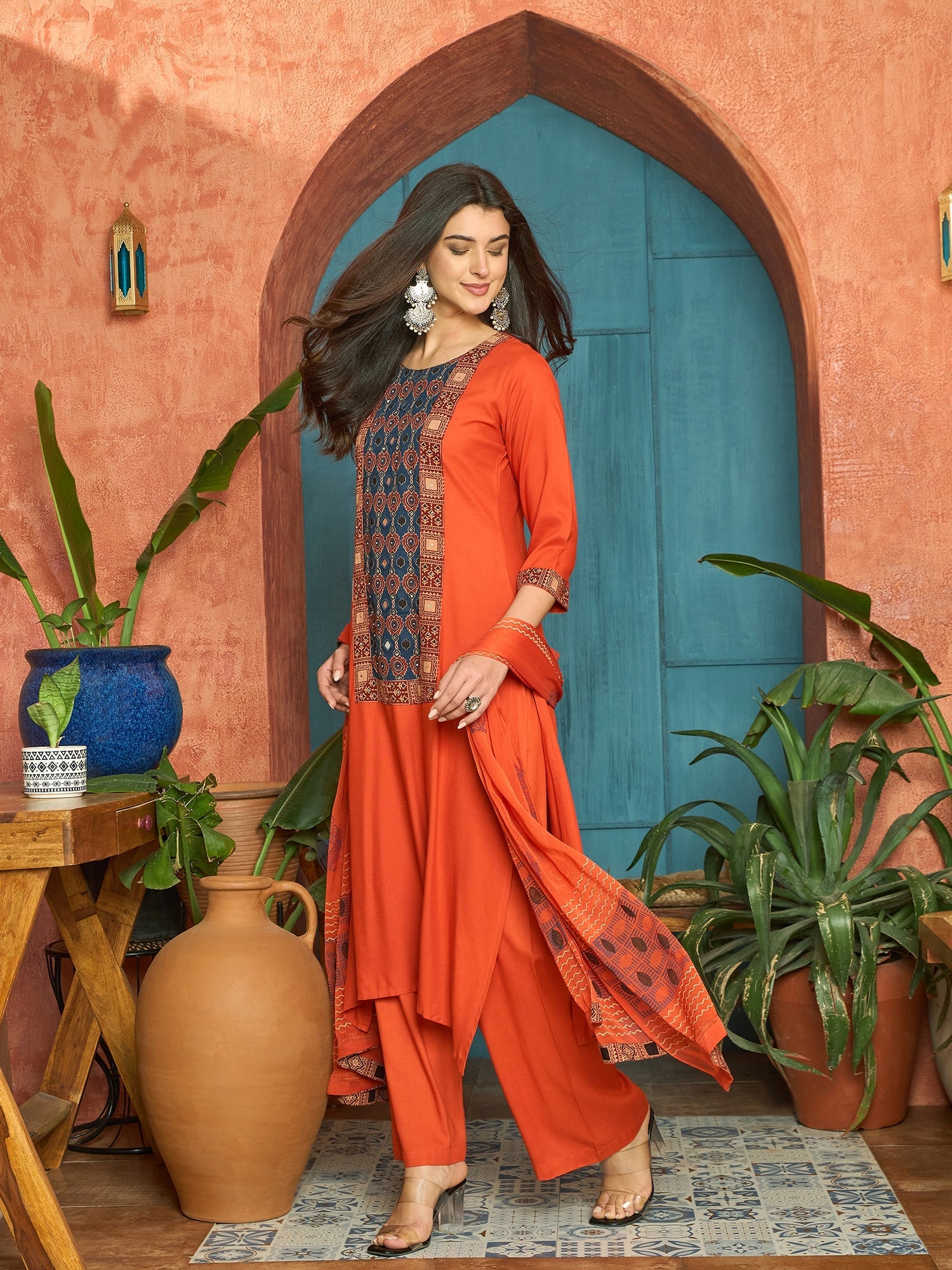 Women's Rust Solid Rayon A-Line Kurta Palazzo Dupatta Set (KPDRUSTKORA