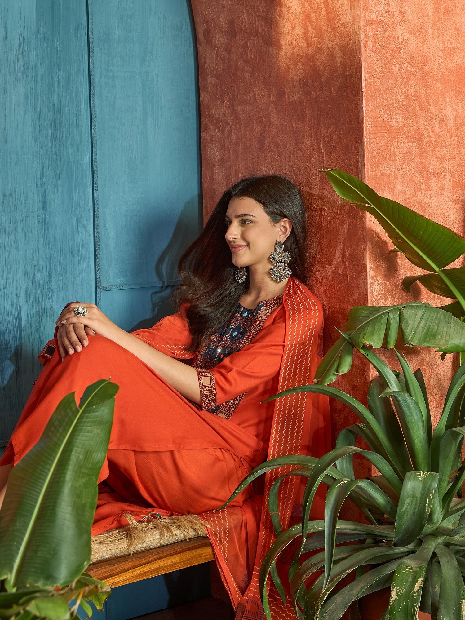 Women's Rust Solid Rayon A-Line Kurta Palazzo Dupatta Set (KPDRUSTKORA