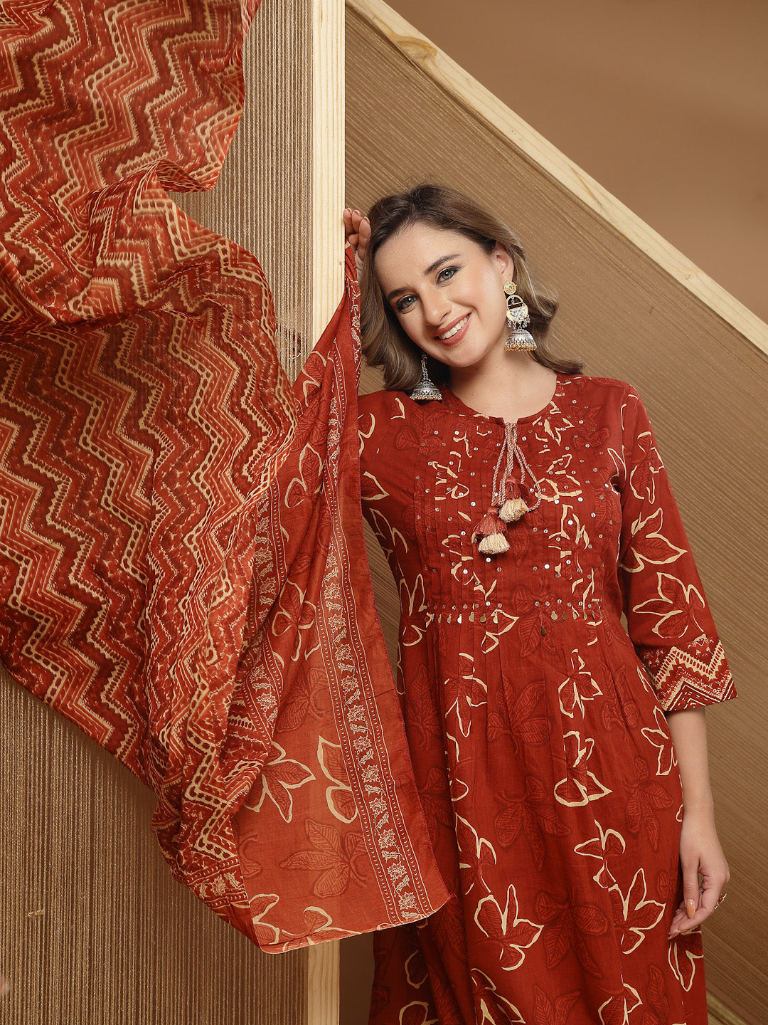 Stylum Women's Rust Floral Printed Cotton A-Line Kurta Palazzo Dupatta Set (KPDRUSTNIKUNJ)