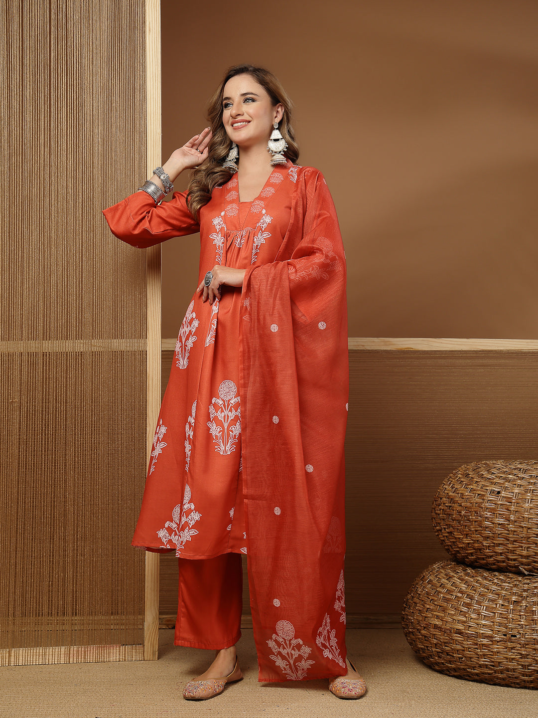 Women's Rust Floral Printed Rayon A-Line Kurta Pant Dupatta Set (KPDRU