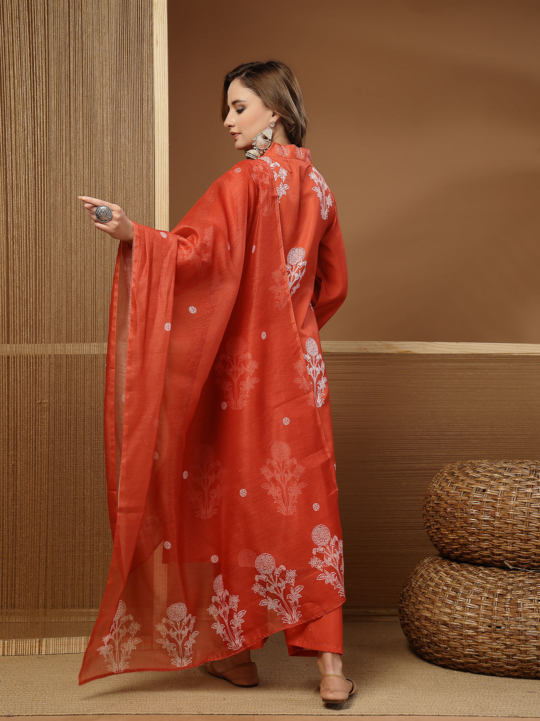 Women's Rust Floral Printed Rayon A-Line Kurta Pant Dupatta Set (KPDRU