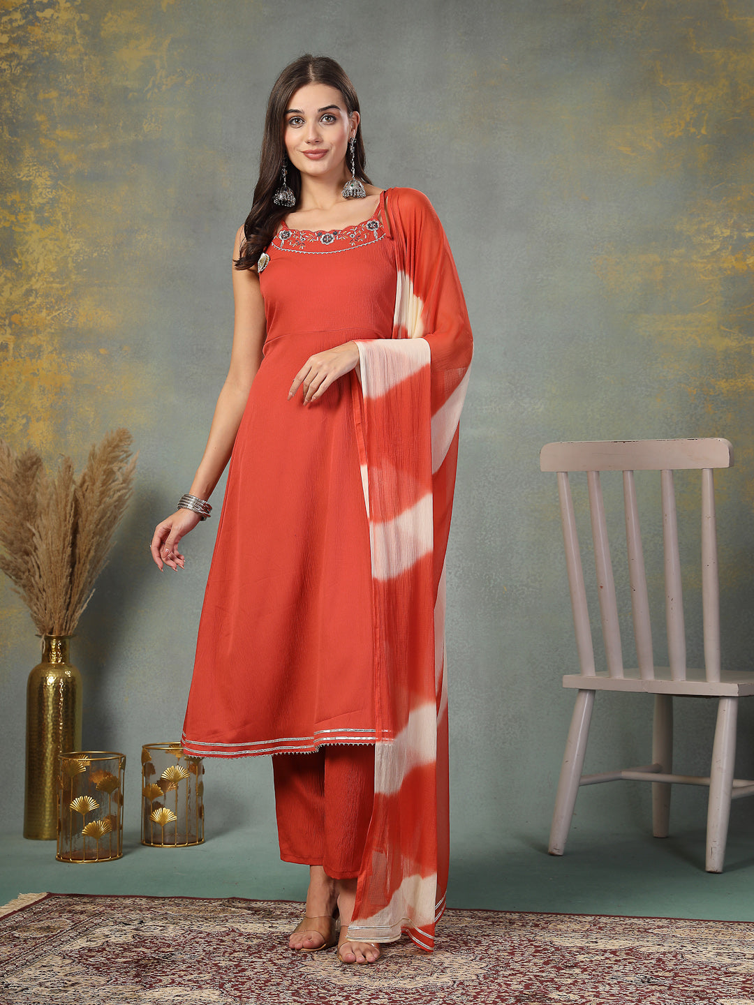 Women's Rust Solid & Embroidered Poly Crepe A-Line Kurta Pant Dupatta 