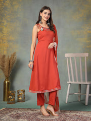 Stylum Women's Rust Solid & Embroidered Poly Crepe A-Line Kurta Pant Dupatta Set (KPDRUSTPANAMA)