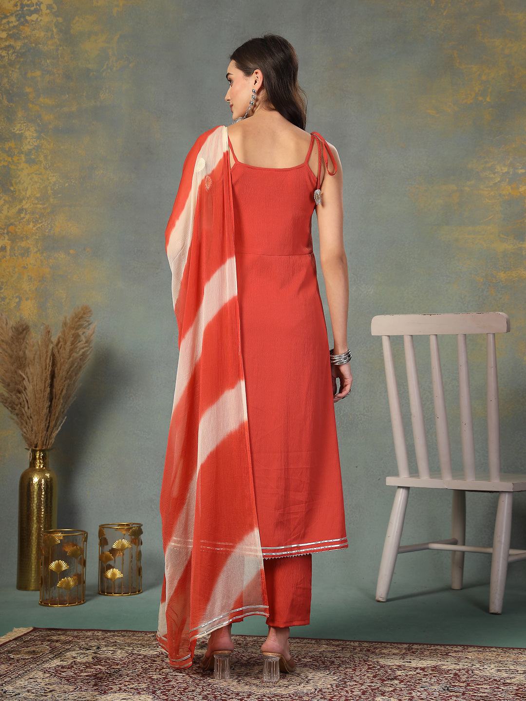Women's Rust Solid & Embroidered Poly Crepe A-Line Kurta Pant Dupatta 