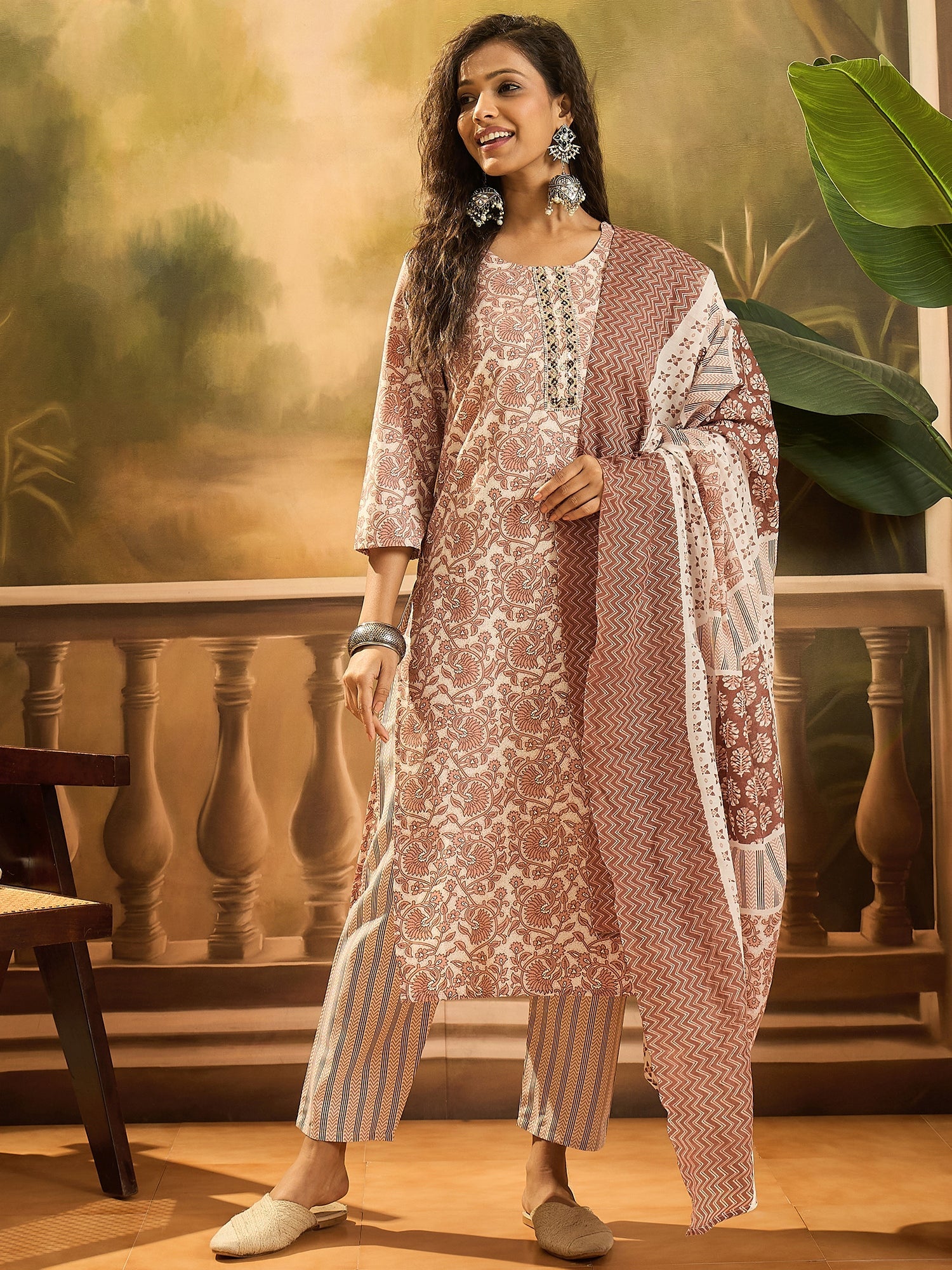 Women's Rust Floral Printed Cotton Straight Kurta Pant Dupatta Set (KP