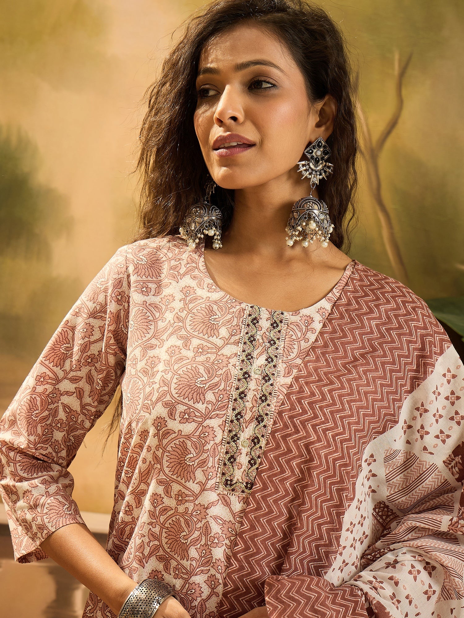 Women's Rust Floral Printed Cotton Straight Kurta Pant Dupatta Set (KP