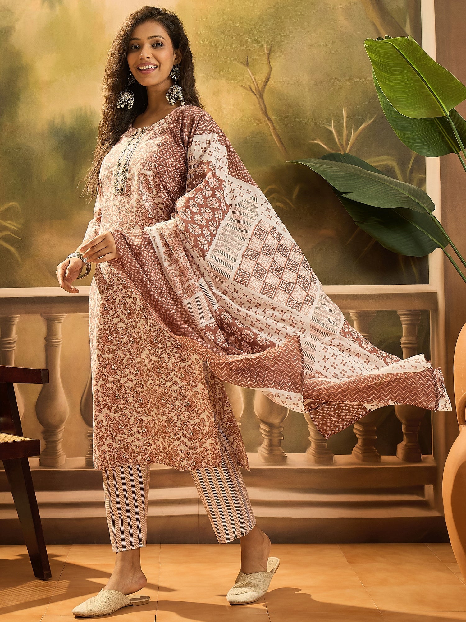 Women's Rust Floral Printed Cotton Straight Kurta Pant Dupatta Set (KP