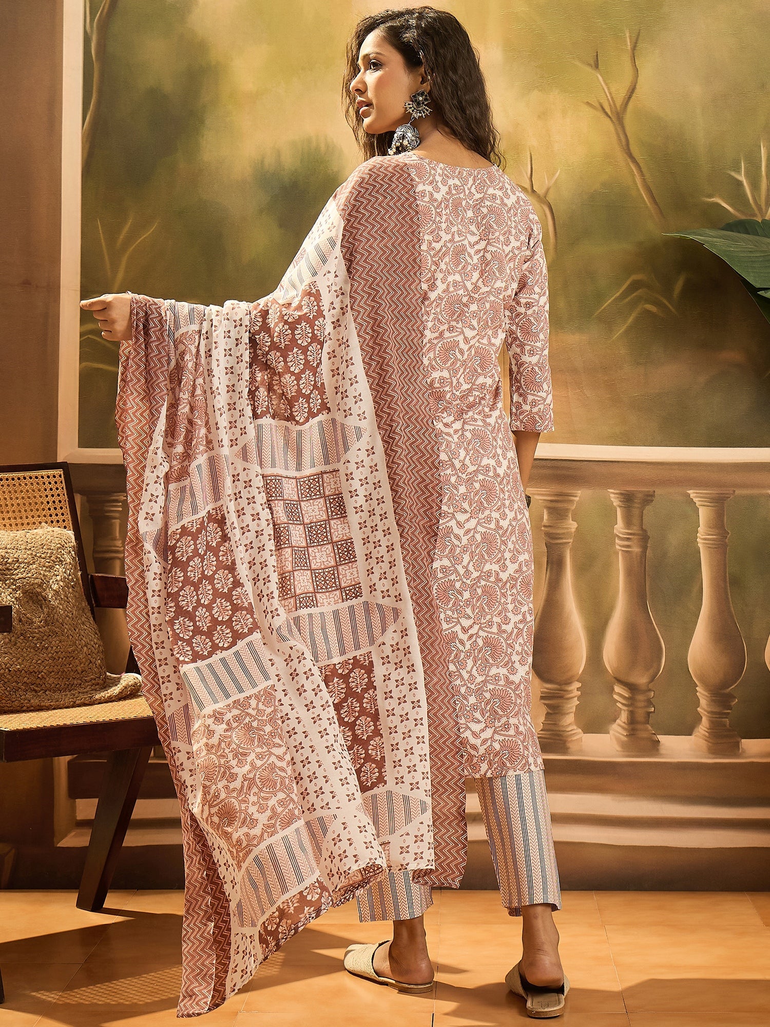 Women's Rust Floral Printed Cotton Straight Kurta Pant Dupatta Set (KP