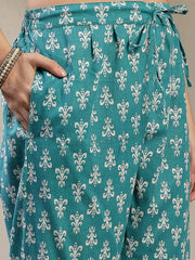 Stylum Women's Sea Green Printed Cotton Flared Kurta Pant Dupatta Set (KPDSKYDAKSHA)