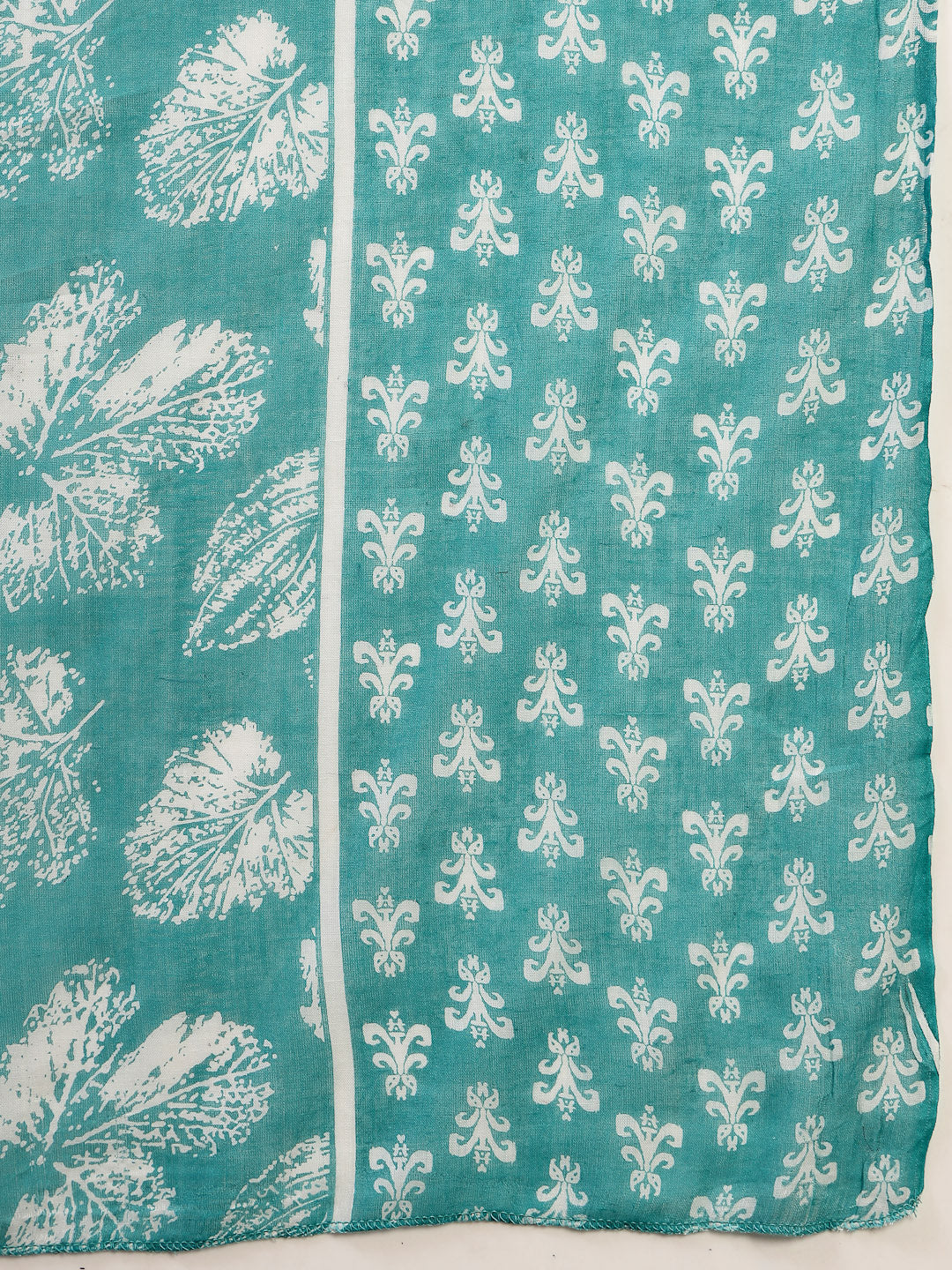Stylum Women's Sea Green Printed Cotton Flared Kurta Pant Dupatta Set (KPDSKYDAKSHA)