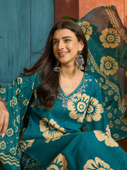 Stylum Women's Sky Blue Floral Printed Cotton Straight Kurta Pant Dupatta Set (KPDSKYMELLOW)