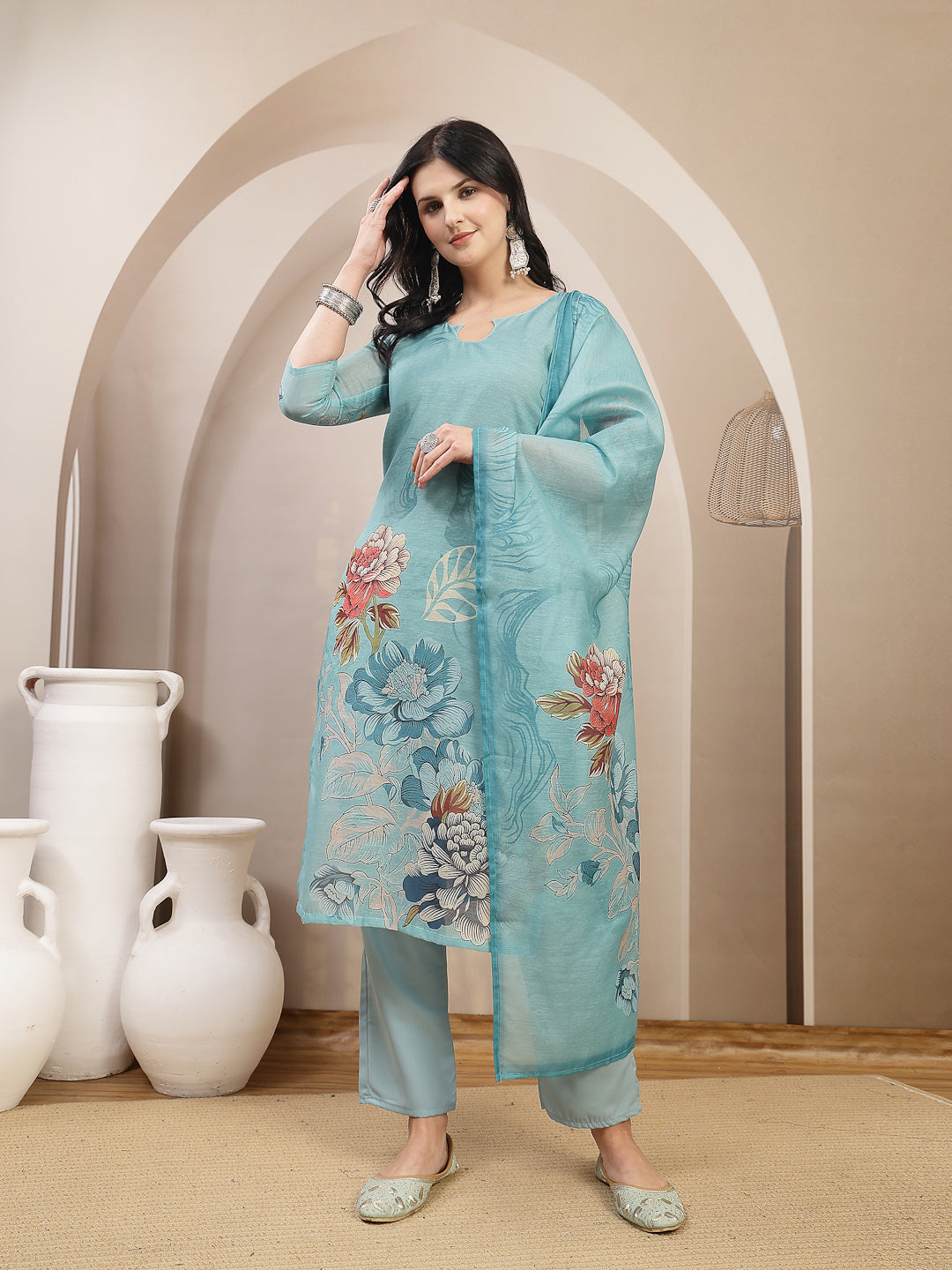 Women's Sky Blue Floral Printed Chanderi Silk Straight Kurta Pant Dupa