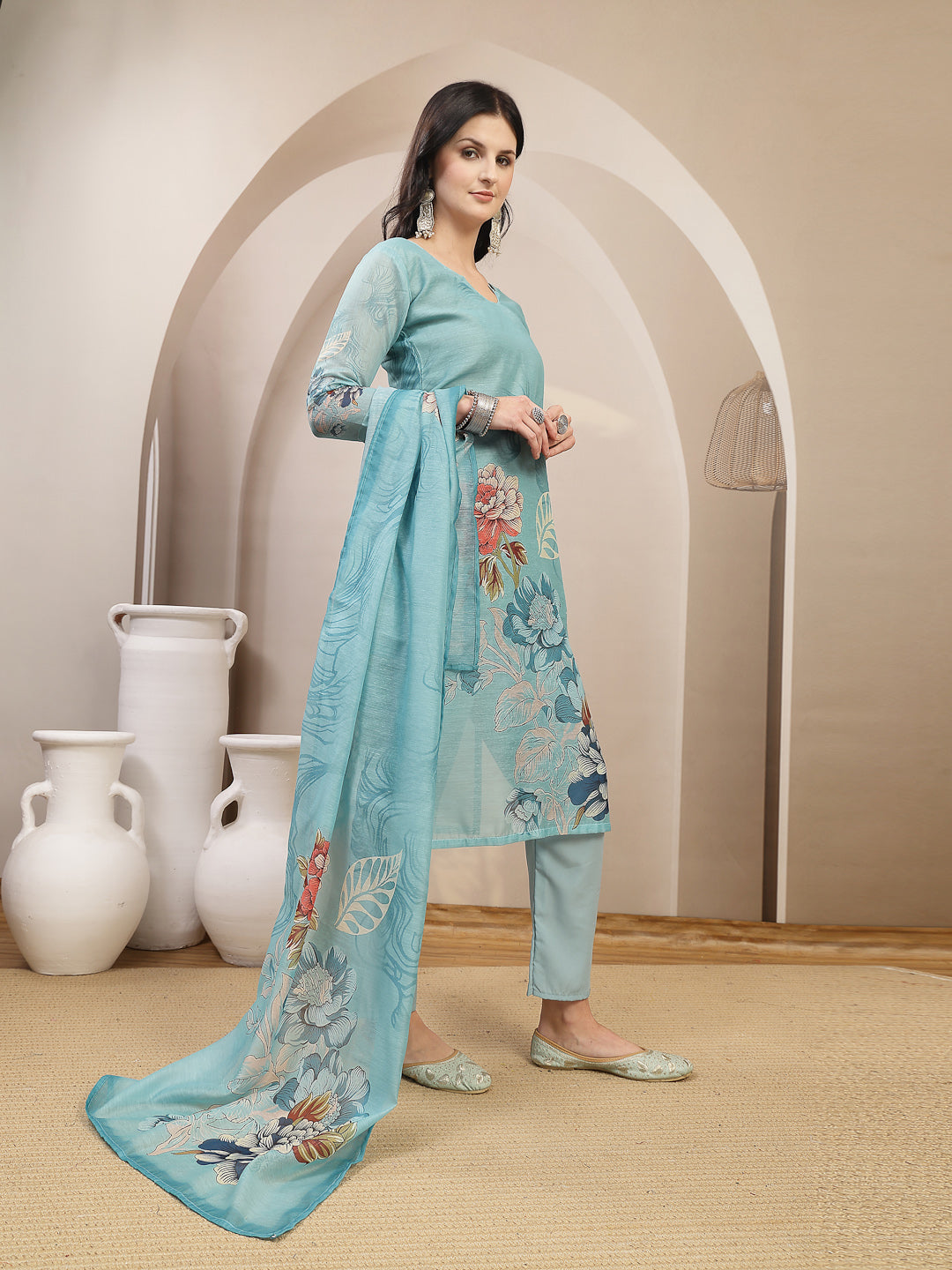 Women's Sky Blue Floral Printed Chanderi Silk Straight Kurta Pant Dupa