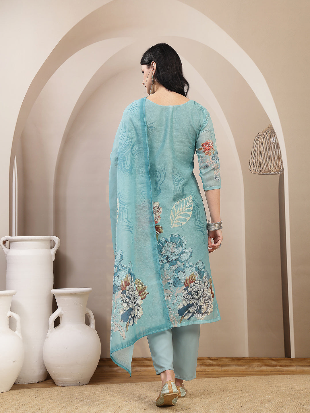 Women's Sky Blue Floral Printed Chanderi Silk Straight Kurta Pant Dupa