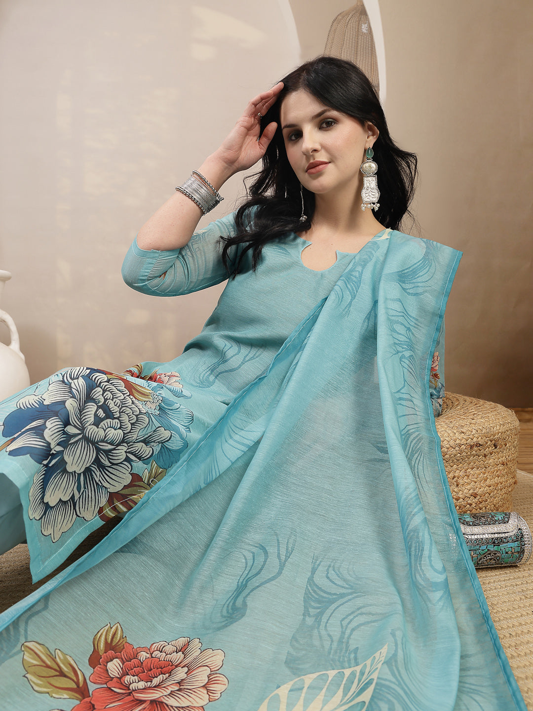 Women's Sky Blue Floral Printed Chanderi Silk Straight Kurta Pant Dupa