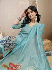 Stylum Women's Sky Blue Floral Printed Chanderi Silk Straight Kurta Pant Dupatta Set (KPDSKYPANNY)