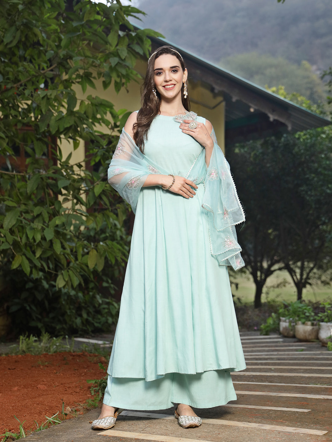 Women's Sky Blue Solid & Embellished Rayon Flared Kurta Palazzo Dupatt