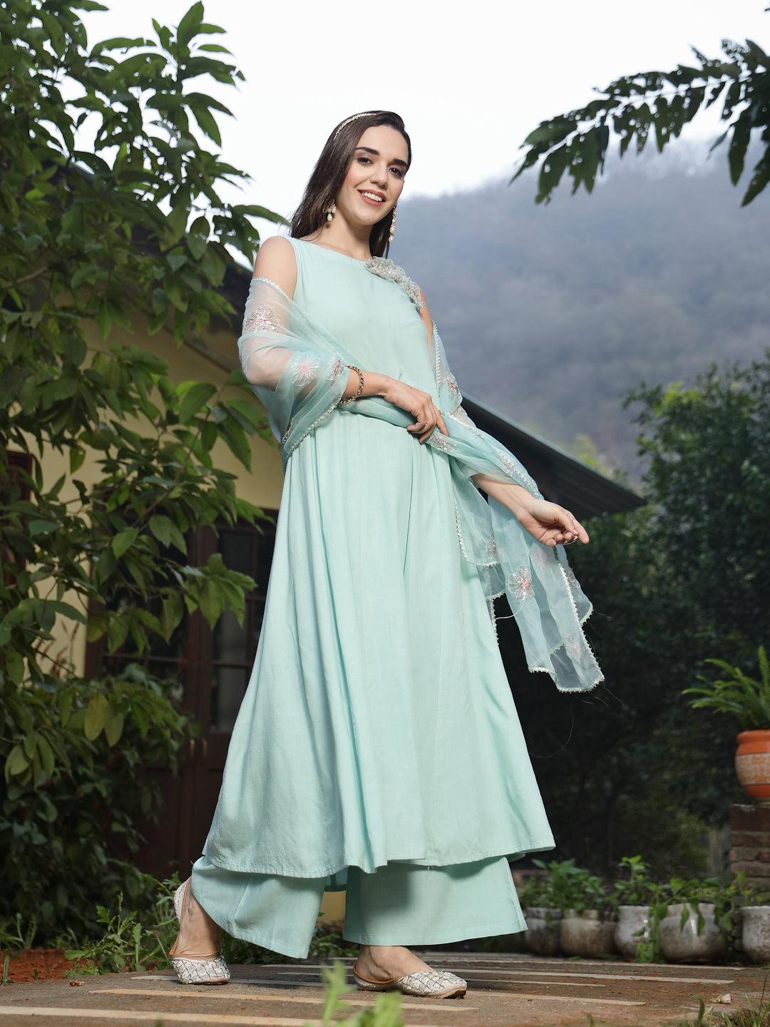 Women's Sky Blue Solid & Embellished Rayon Flared Kurta Palazzo Dupatt