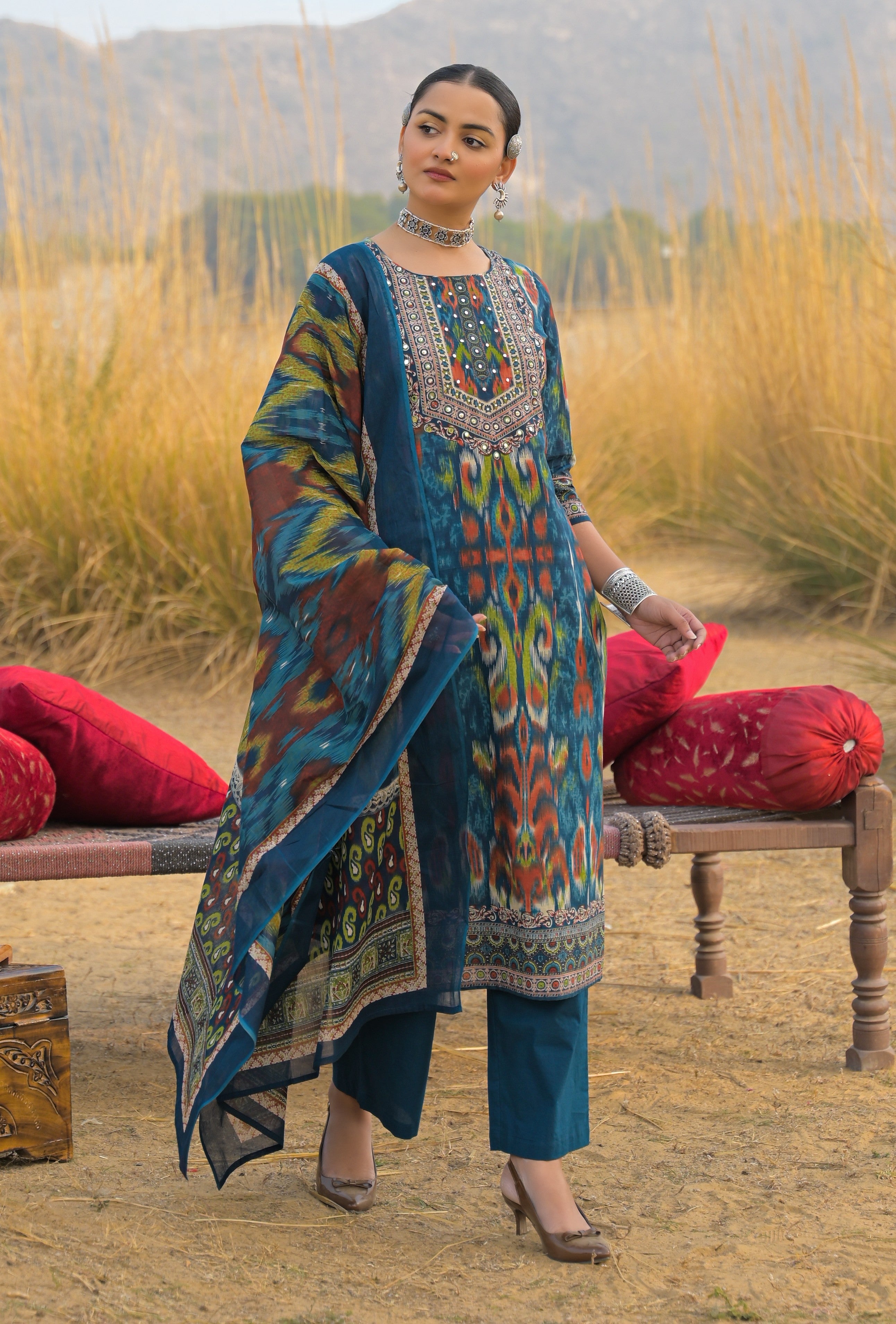 Women's Teal Ikat Printed Cotton Straight Kurta Pant Dupatta Set (KPDT