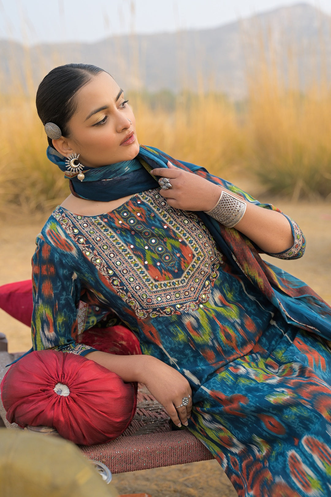 Women's Teal Ikat Printed Cotton Straight Kurta Pant Dupatta Set (KPDT