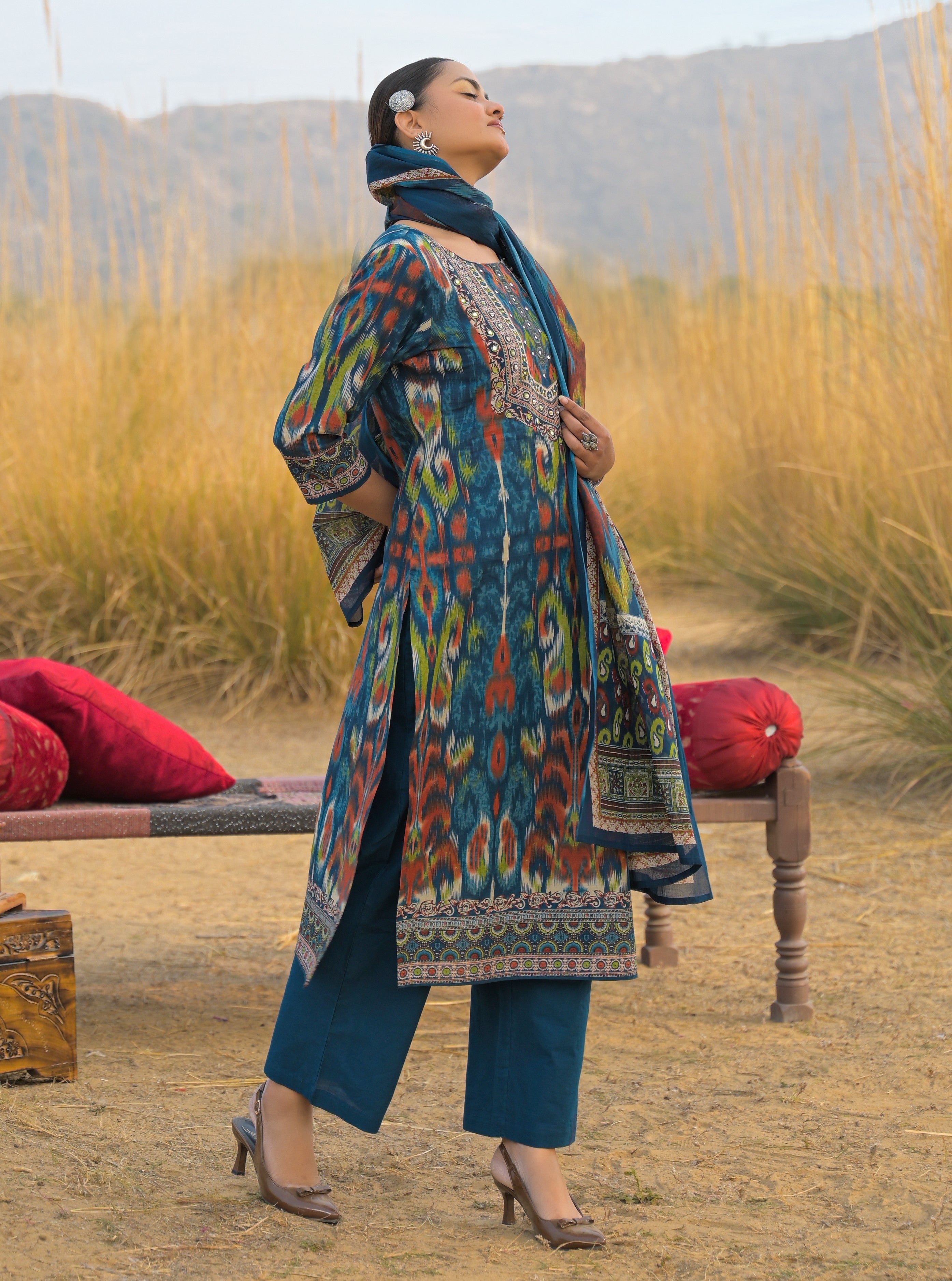 Women's Teal Ikat Printed Cotton Straight Kurta Pant Dupatta Set (KPDT