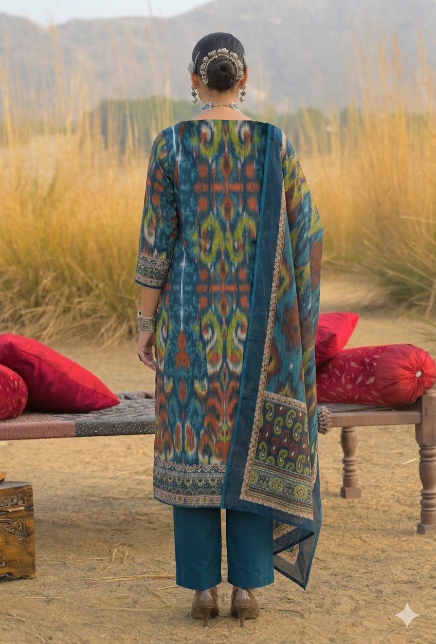 Women's Teal Ikat Printed Cotton Straight Kurta Pant Dupatta Set (KPDT