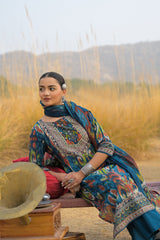 Stylum Women's Teal Ikat Printed Cotton Straight Kurta Pant Dupatta Set (KPDTEALAZOTRE)