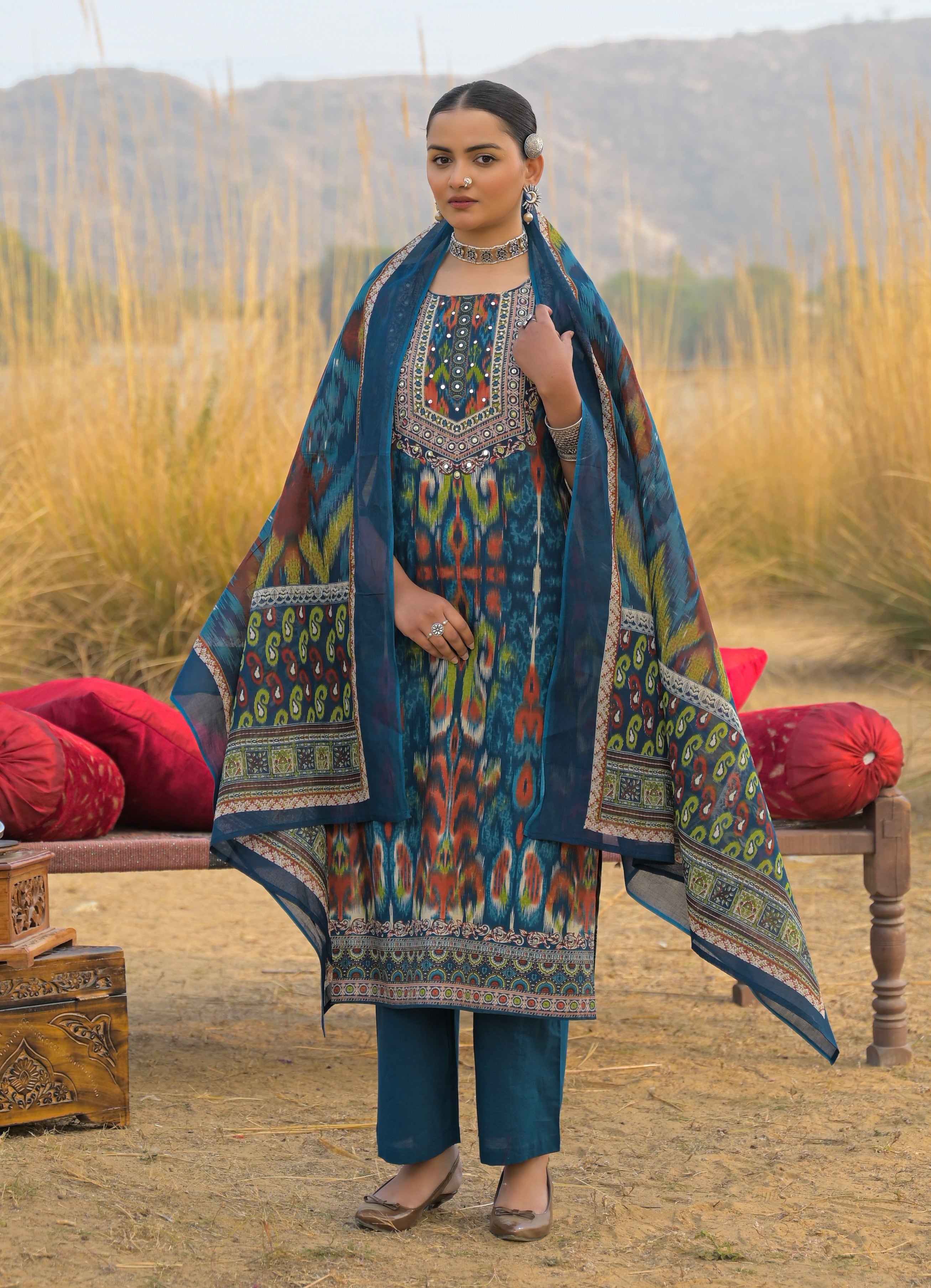 Women's Teal Ikat Printed Cotton Straight Kurta Pant Dupatta Set (KPDT