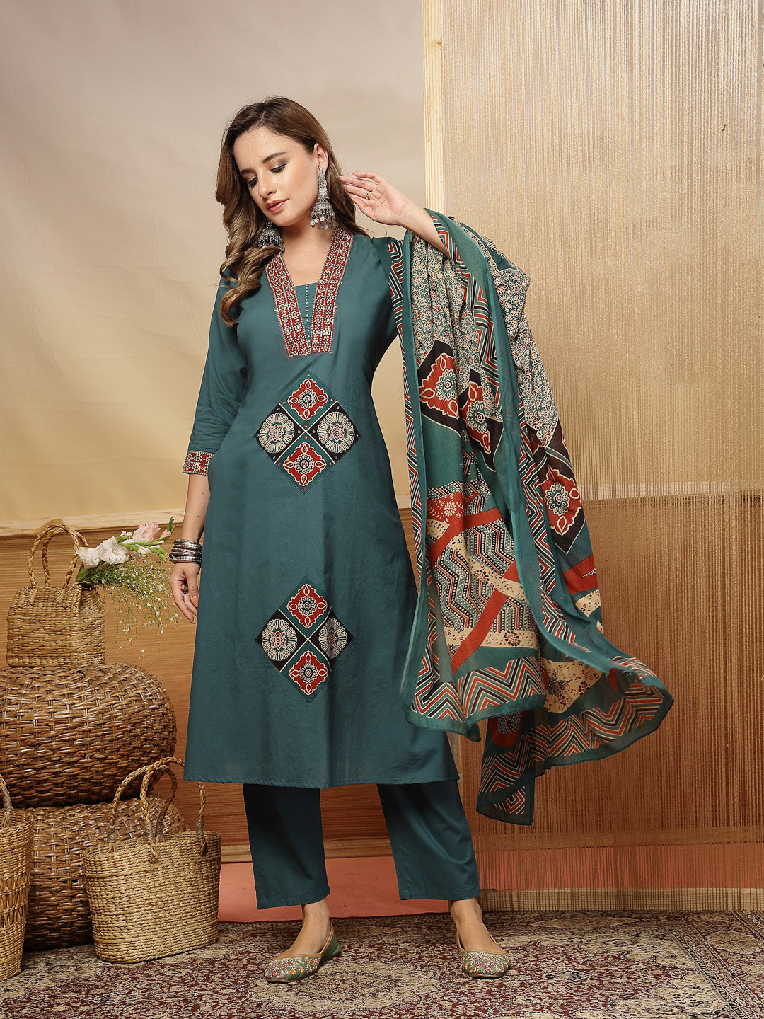 Women's Teal Solid Cotton A-Line Kurta Pant Dupatta Set (KPDTEALLIFAFA