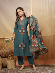Stylum Women's Teal Solid Cotton A-Line Kurta Pant Dupatta Set (KPDTEALLIFAFA)