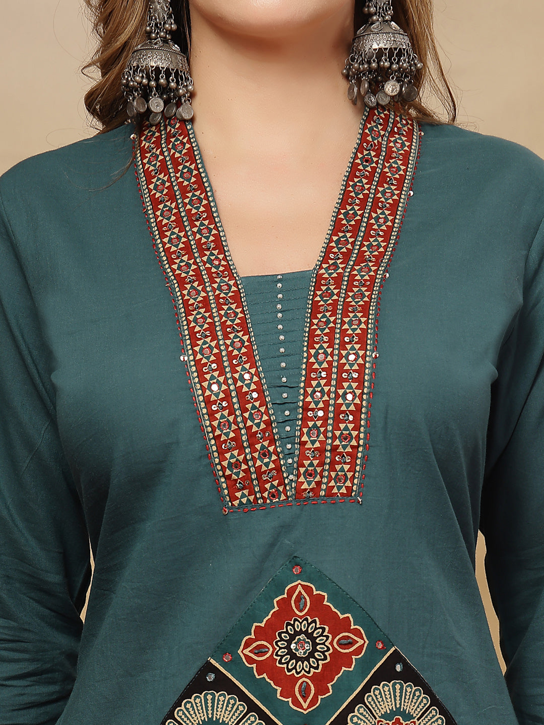 Women's Teal Solid Cotton A-Line Kurta Pant Dupatta Set (KPDTEALLIFAFA