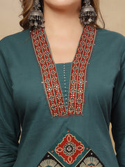 Stylum Women's Teal Solid Cotton A-Line Kurta Pant Dupatta Set (KPDTEALLIFAFA)