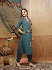Stylum Women's Teal Solid Cotton A-Line Kurta Pant Dupatta Set (KPDTEALLIFAFA)