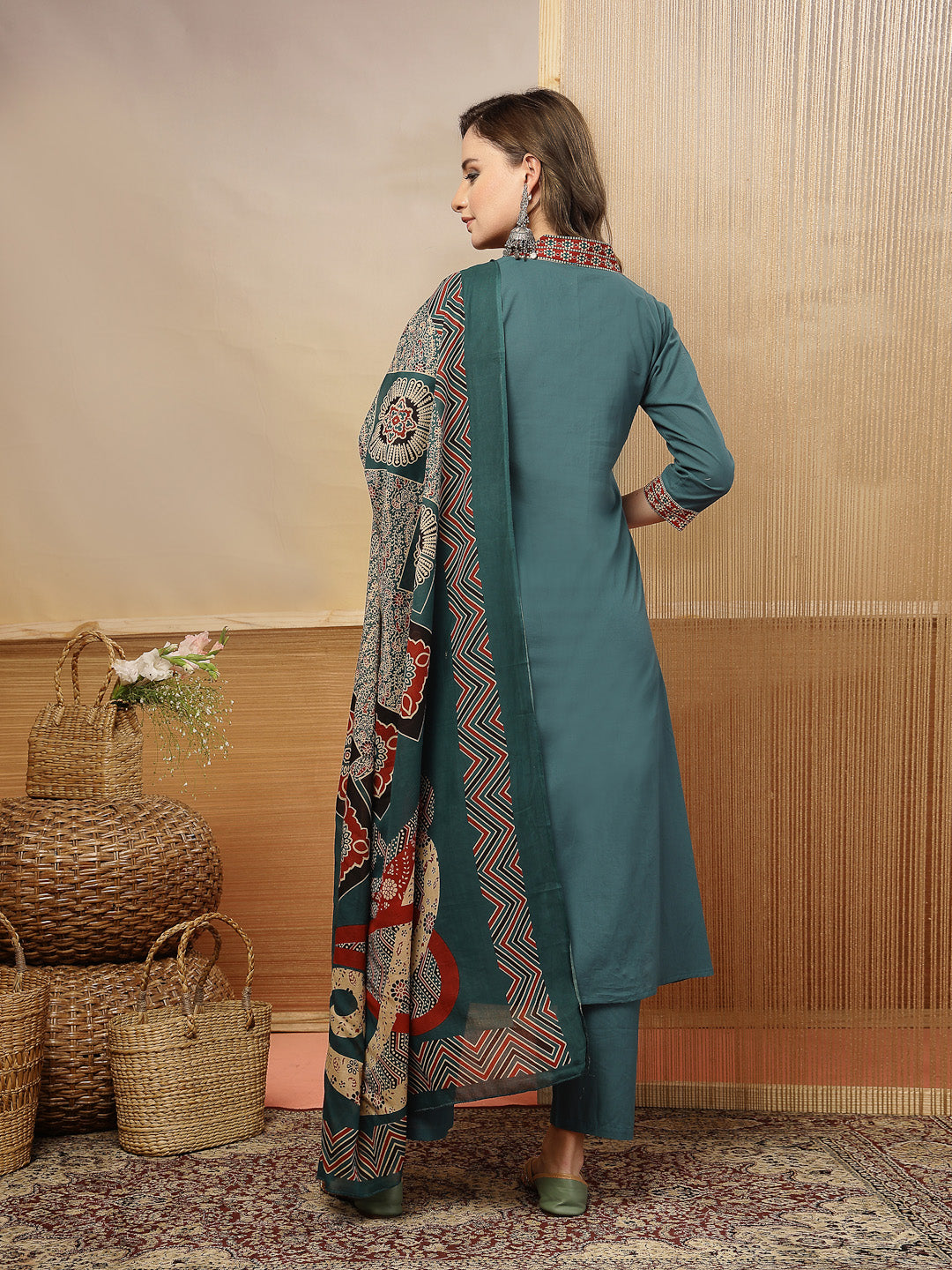 Women's Teal Solid Cotton A-Line Kurta Pant Dupatta Set (KPDTEALLIFAFA