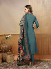 Stylum Women's Teal Solid Cotton A-Line Kurta Pant Dupatta Set (KPDTEALLIFAFA)