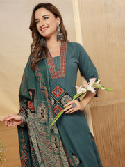 Stylum Women's Teal Solid Cotton A-Line Kurta Pant Dupatta Set (KPDTEALLIFAFA)