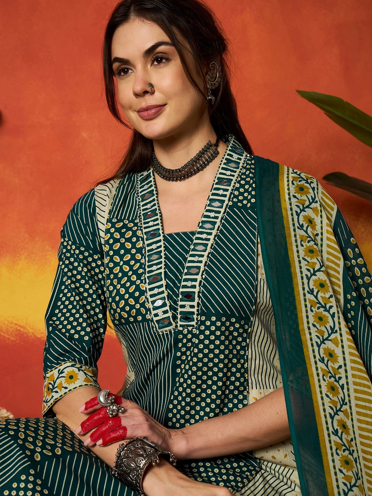 Women's Teal Printed Cotton Straight Kurta Pant Dupatta Set (KPDTEALRO